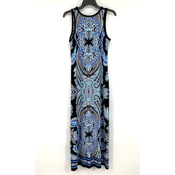 Olivia Matthews Dress Maxi Blue Black Printed Sleeveless Slit - Picture 8 of 10